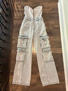 Anthropologie Light Blue Strapless Cargo Denim Jumpsuit
